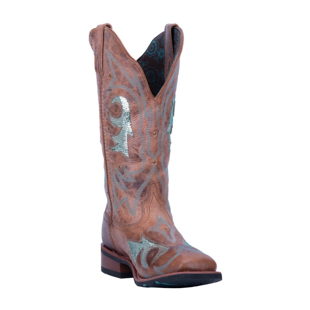 LAREDO Women's Aquarius Brown Leather Western Boots Brown Sparkly Turquoise 9
